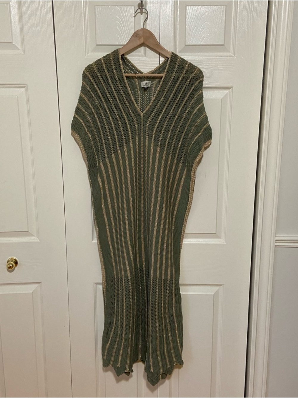 Floris Sage Green Metallic Gold Shimmer Knit Scalloped Edge Maxi Beach Cover Up - Picture 2 of 9